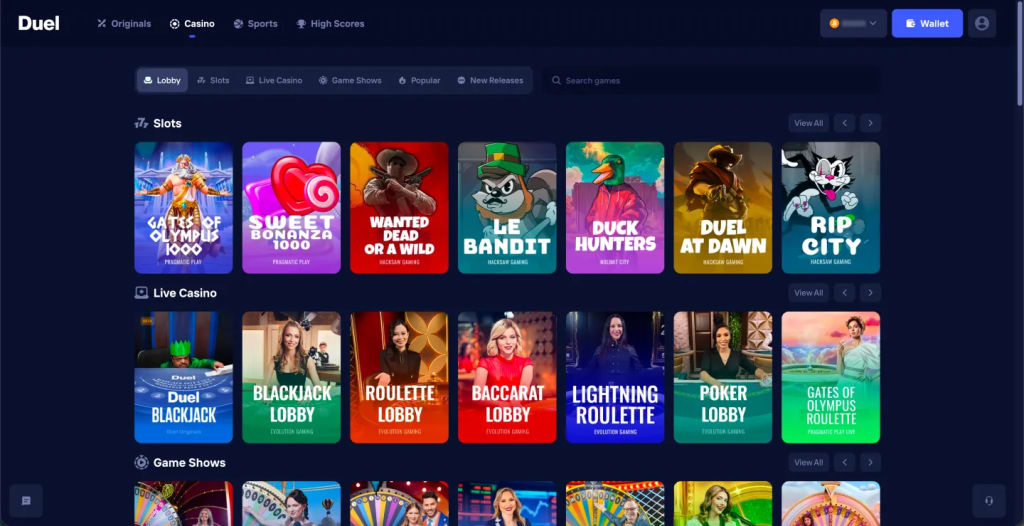Duel casino lobby with rows for slots, live casino and game shows