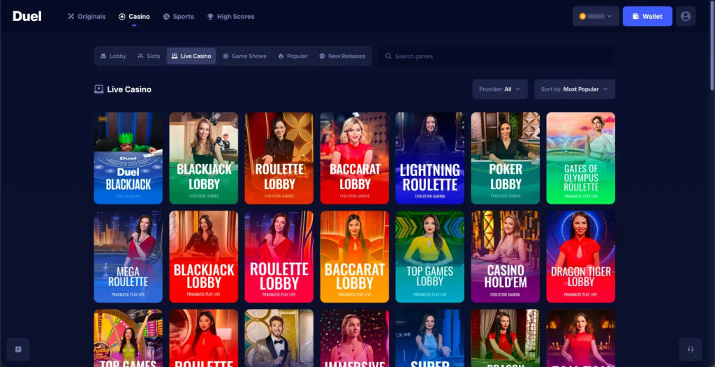 Duel live casino grid with blackjack, roulette, baccarat and poker lobbies