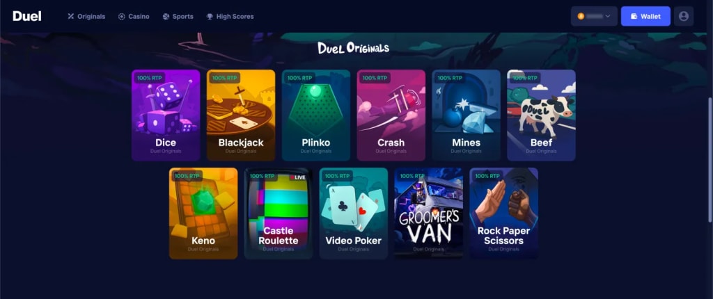 Duel Originals lobby with eleven in-house games, each marked 100% RTP