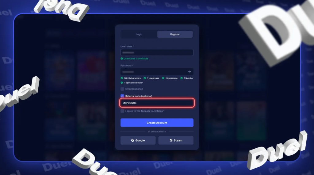 Duel registration form with username, password, optional email and an optional referral code field