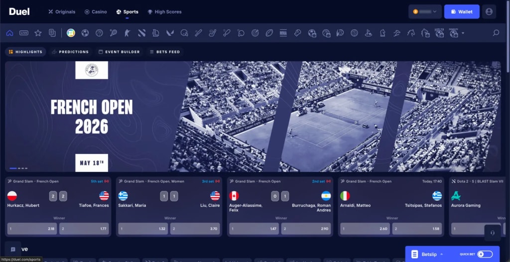Duel sportsbook on Betby showing live tennis markets and a betslip