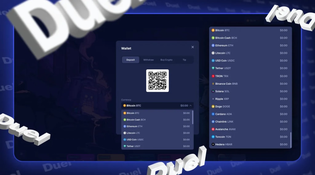 Duel wallet with deposit, withdraw and buy crypto tabs, a QR code and the coin list